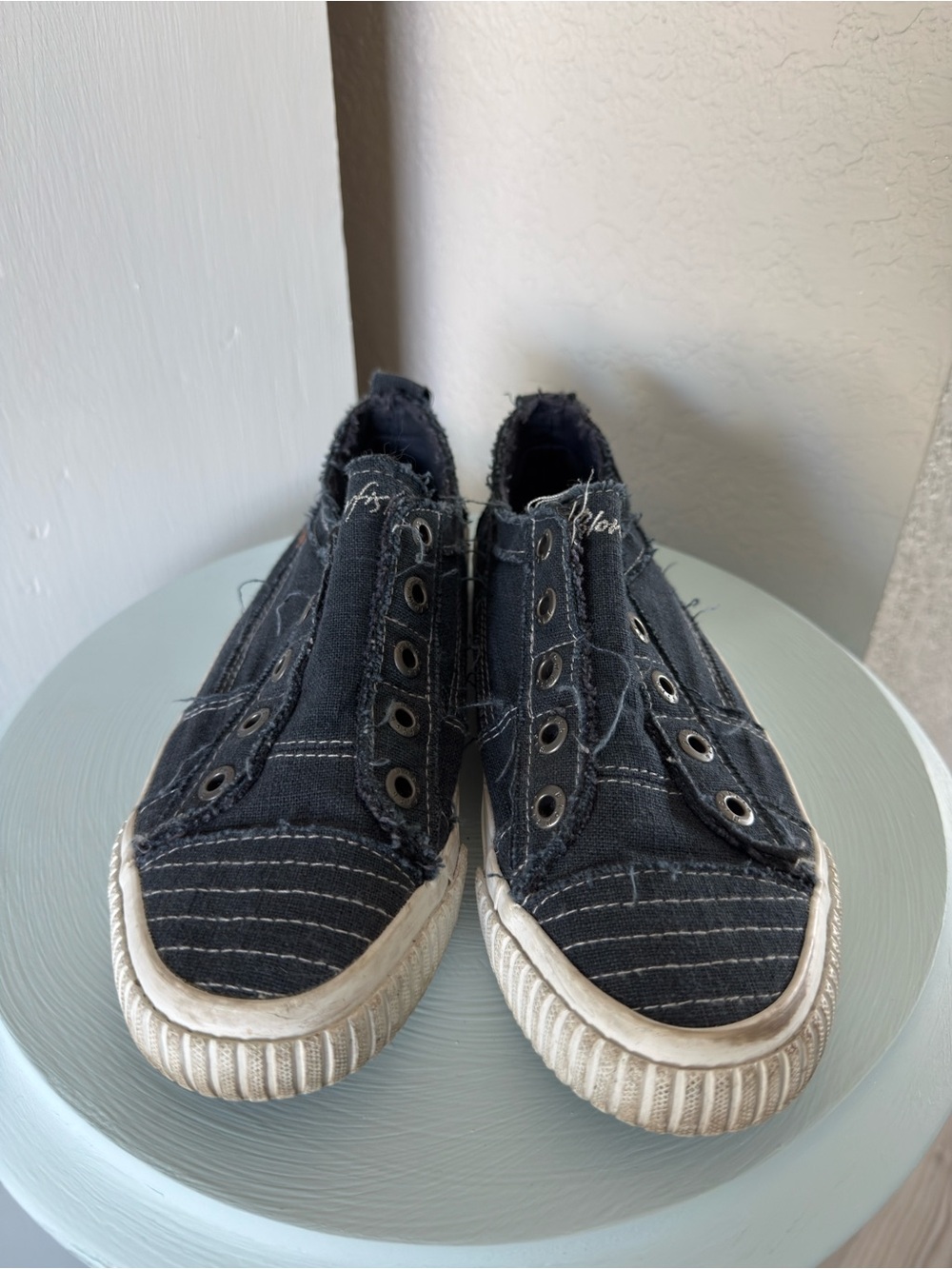 Frayed Navy Canvas Slip-On Sneakers for Women